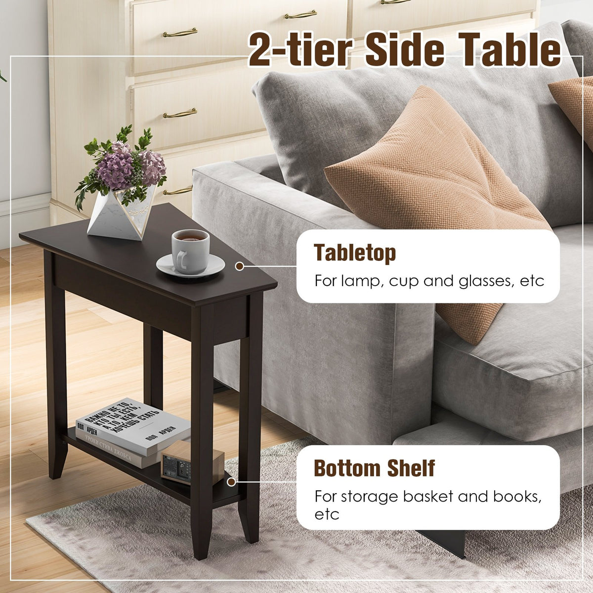 2-Tier Wedge Narrow End Table with Storage Shelf and Solid Wood Legs-Espresso view 9
