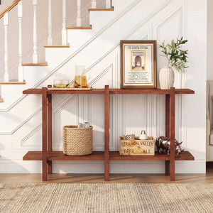 2-Tier Wood Bookshelf Low Horizontal Rubberwood Bookcase for Display-Walnut view 2