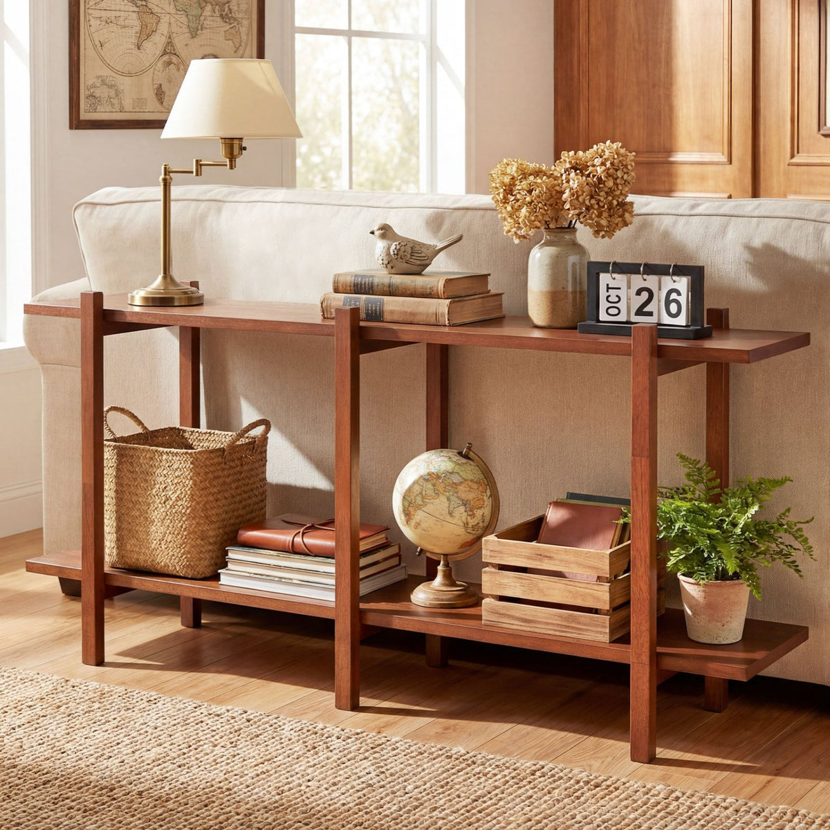 2-Tier Wood Bookshelf Low Horizontal Rubberwood Bookcase for Display-Walnut view 3