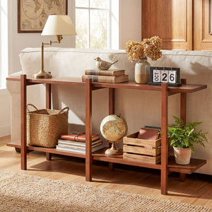 2-Tier Wood Bookshelf Low Horizontal Rubberwood Bookcase for Display-Walnut view 3