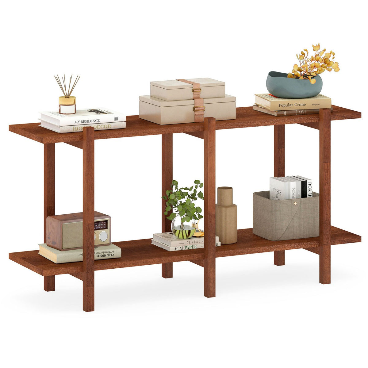 2-Tier Wood Bookshelf Low Horizontal Rubberwood Bookcase for Display-Walnut view 4