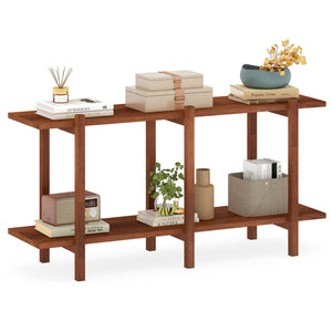 2-Tier Wood Bookshelf Low Horizontal Rubberwood Bookcase for Display-Walnut view 4