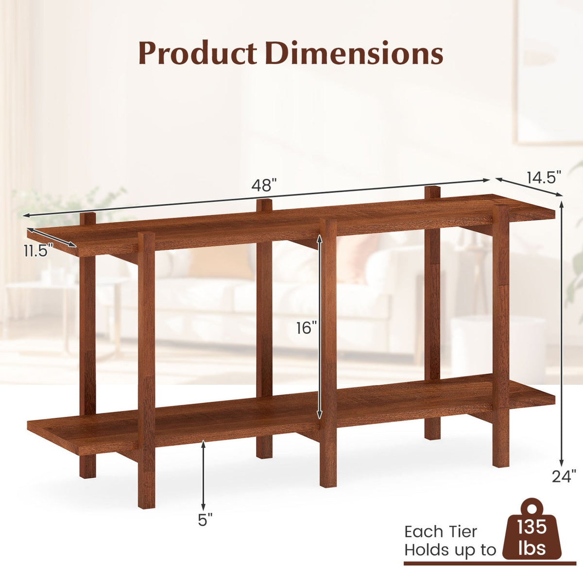 2-Tier Wood Bookshelf Low Horizontal Rubberwood Bookcase for Display-Walnut view 5