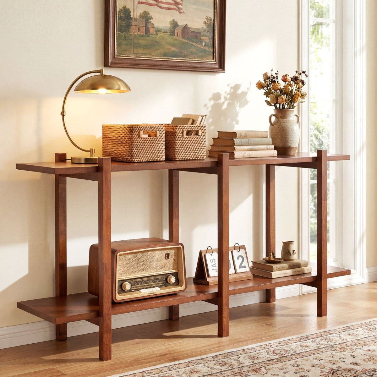2-Tier Wood Bookshelf Low Horizontal Rubberwood Bookcase for Display-Walnut view 6