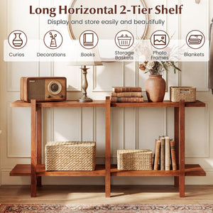 2-Tier Wood Bookshelf Low Horizontal Rubberwood Bookcase for Display-Walnut view 7