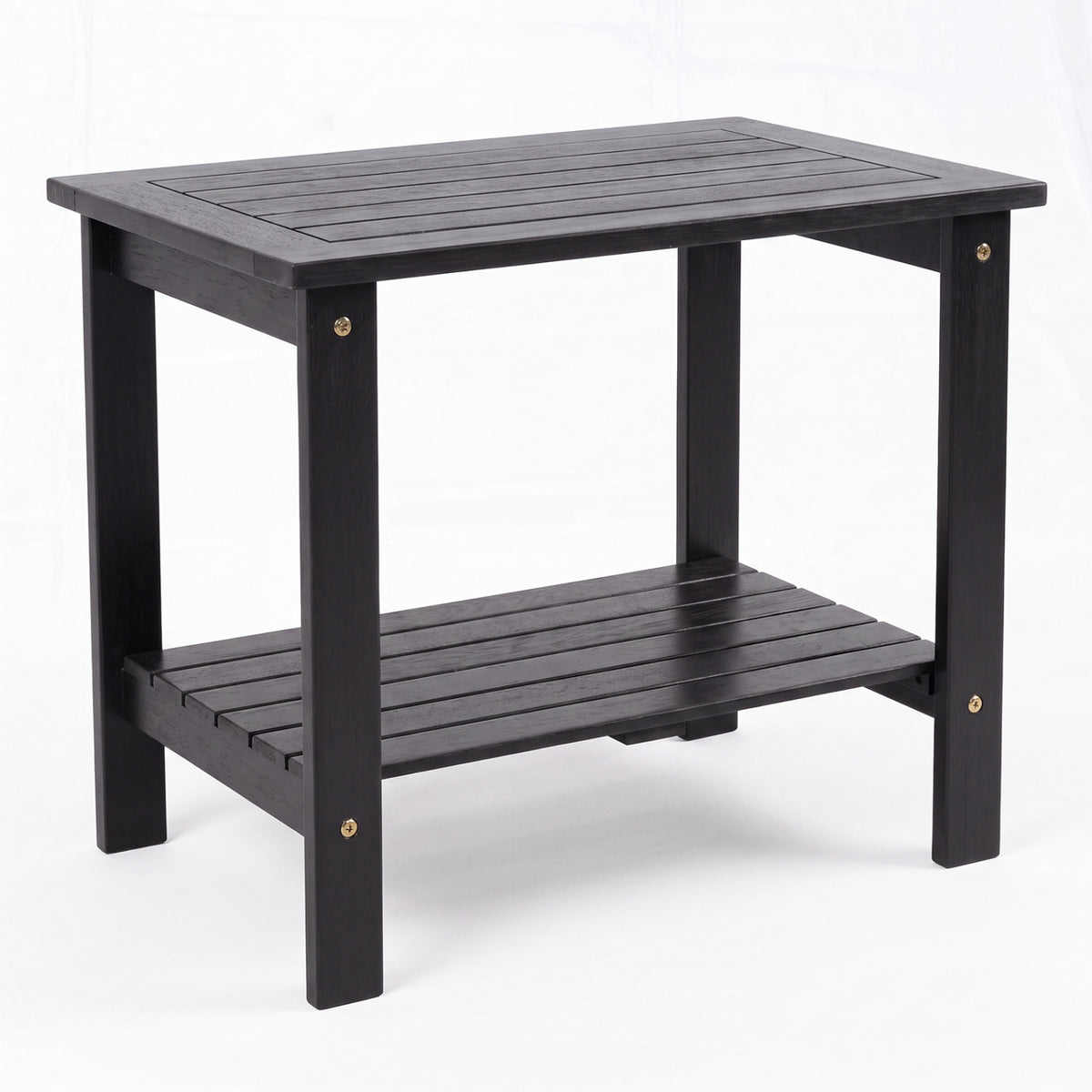 2-Tier Wood Patio End Table with Slatted Tabletop and Storage Shelf for Backyard-Black