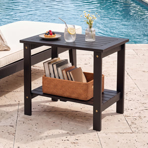 2-Tier Wood Patio End Table with Slatted Tabletop and Storage Shelf for Backyard-Black view 3