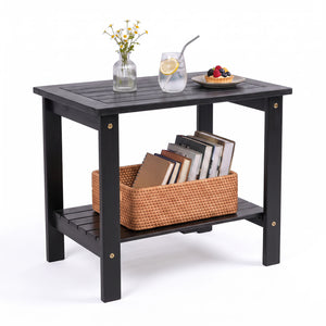 2-Tier Wood Patio End Table with Slatted Tabletop and Storage Shelf for Backyard-Black view 4