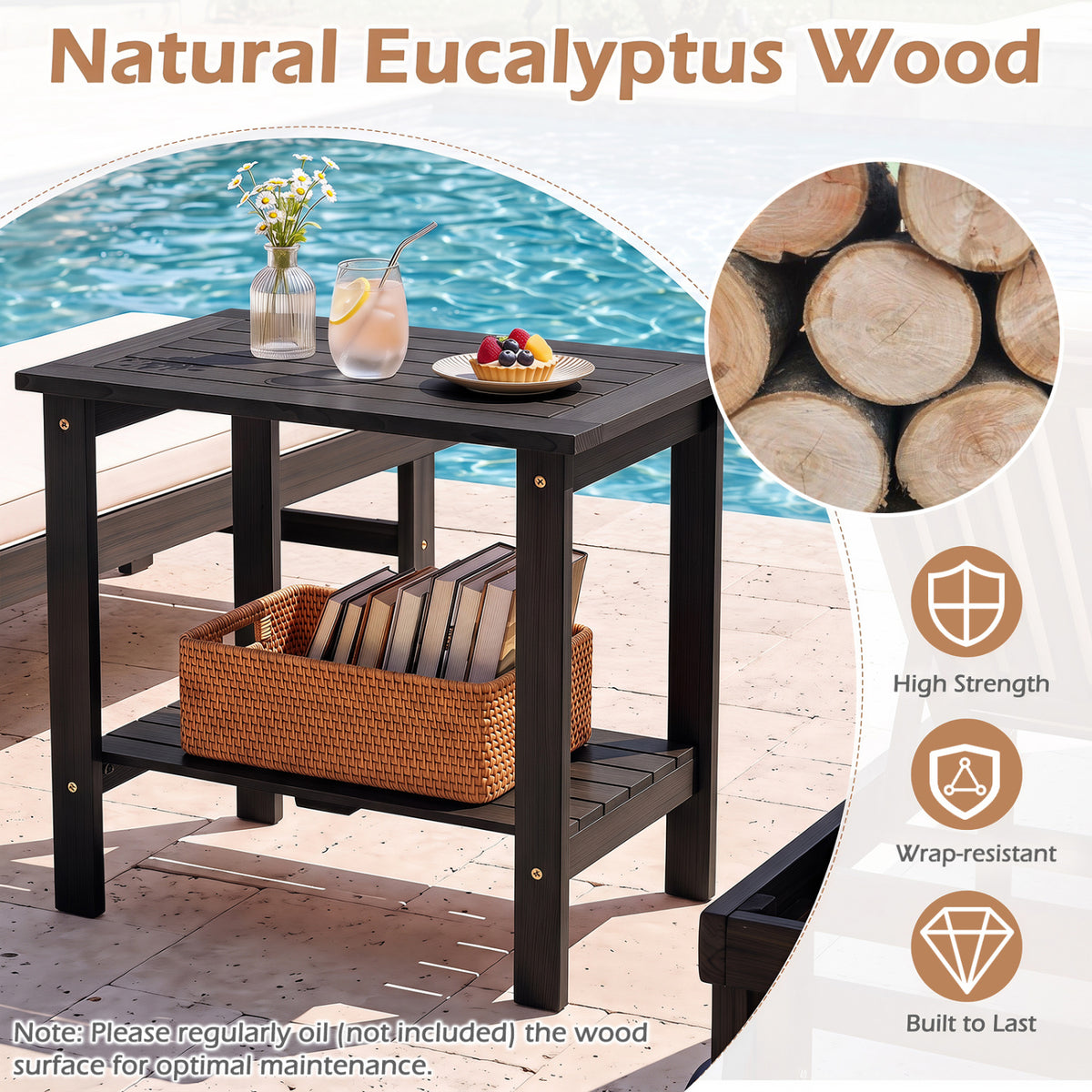 2-Tier Wood Patio End Table with Slatted Tabletop and Storage Shelf for Backyard-Black view 6