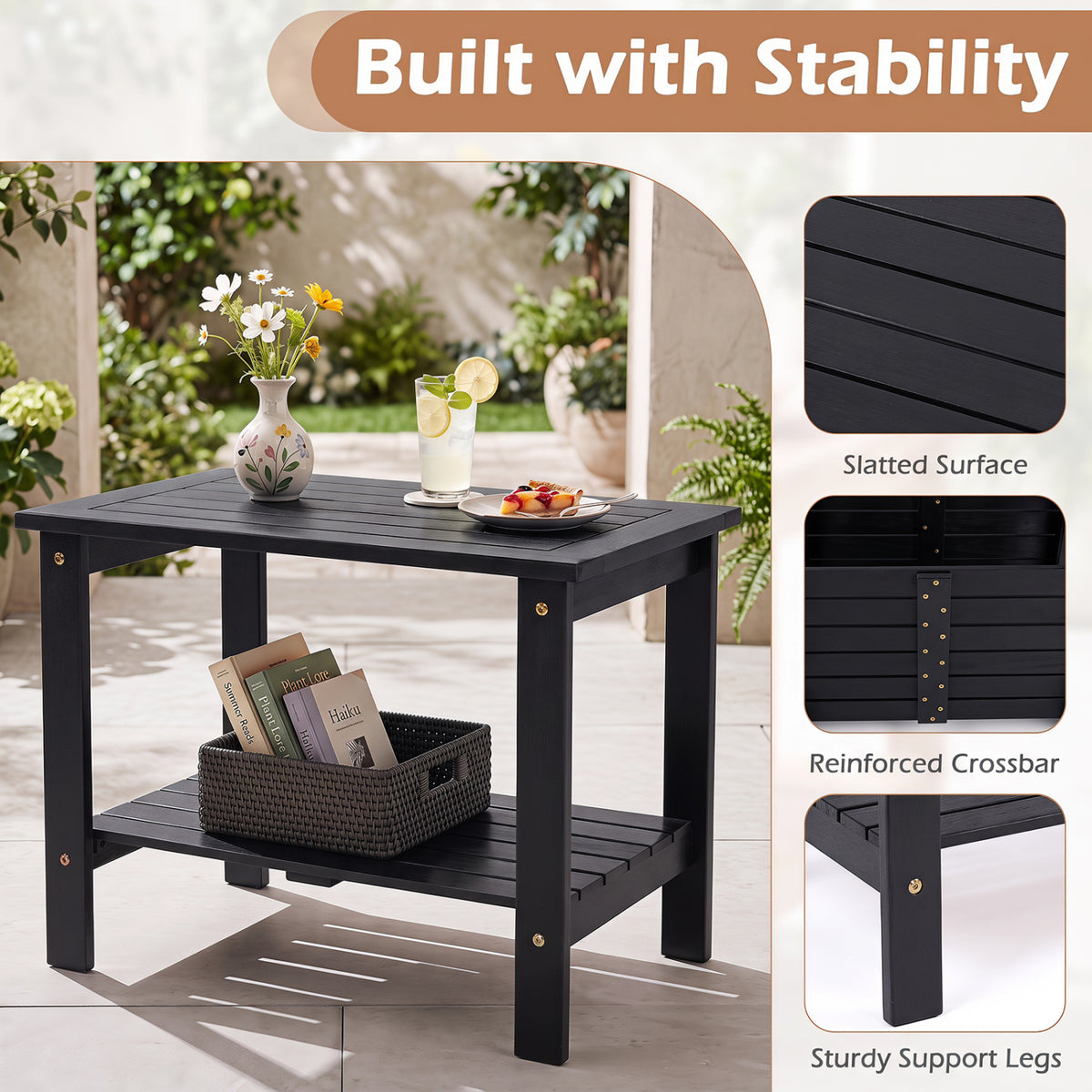 2-Tier Wood Patio End Table with Slatted Tabletop and Storage Shelf for Backyard-Black view 8