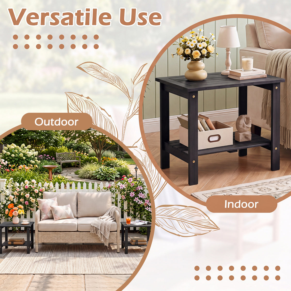 2-Tier Wood Patio End Table with Slatted Tabletop and Storage Shelf for Backyard-Black view 9