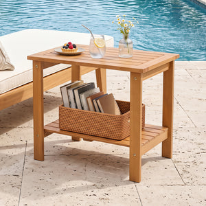 2-Tier Wood Patio End Table with Slatted Tabletop and Storage Shelf for Backyard-Natrual view 3
