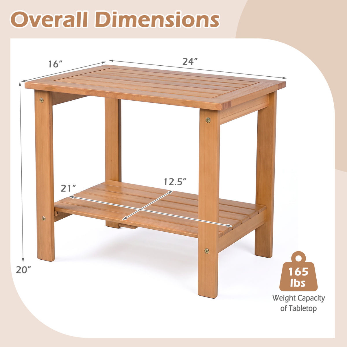 2-Tier Wood Patio End Table with Slatted Tabletop and Storage Shelf for Backyard-Natrual view 5
