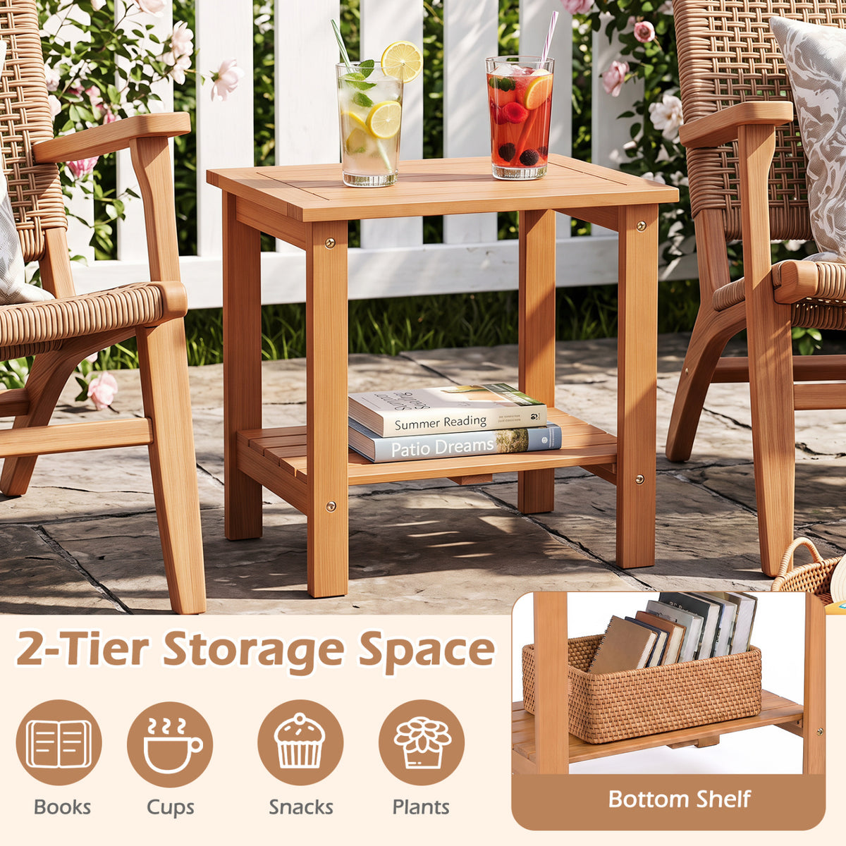 2-Tier Wood Patio End Table with Slatted Tabletop and Storage Shelf for Backyard-Natrual view 7