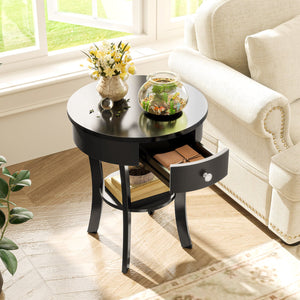 2-Tier Wood Round End Table with Open Drawer-Black view 3