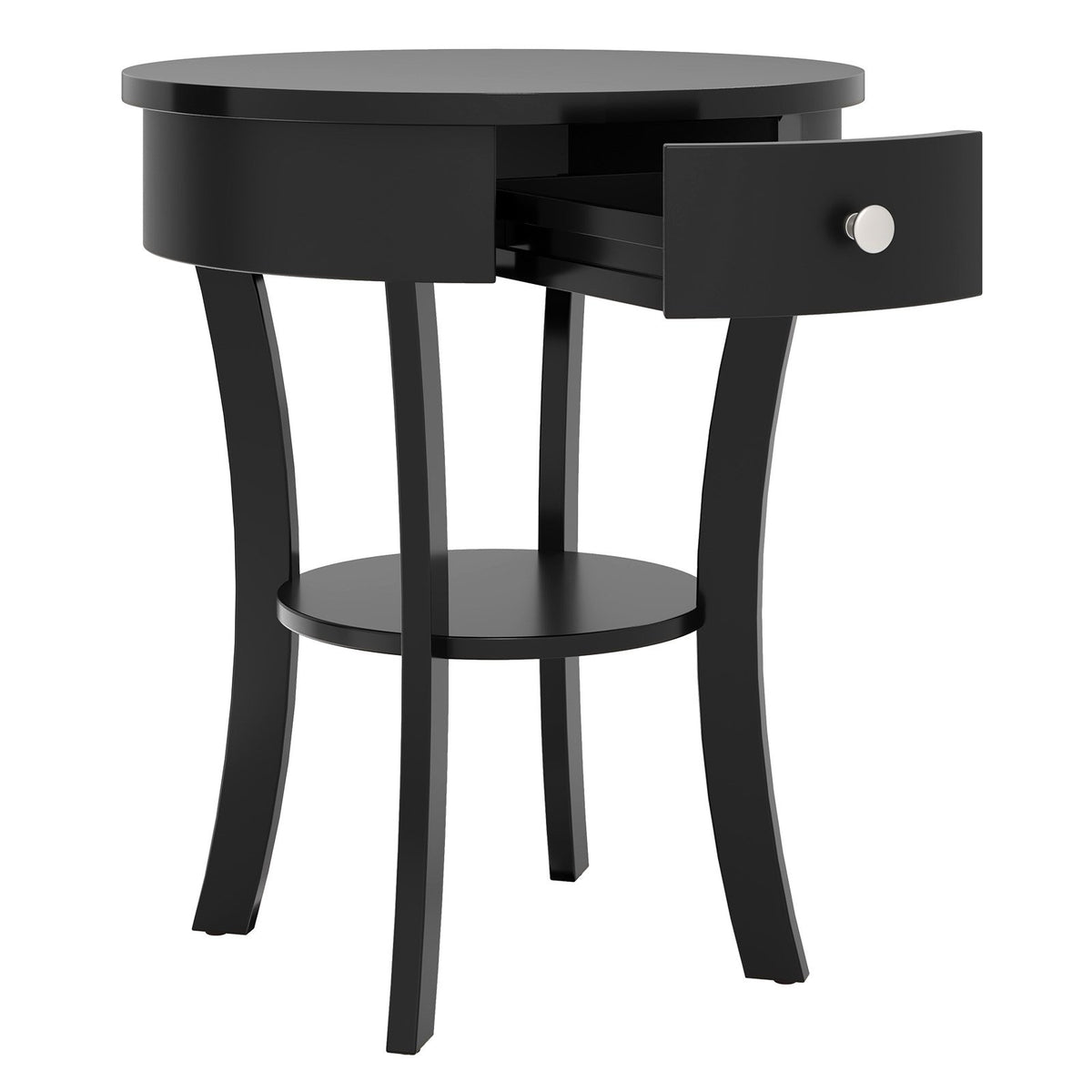 2-Tier Wood Round End Table with Open Drawer-Black view 4