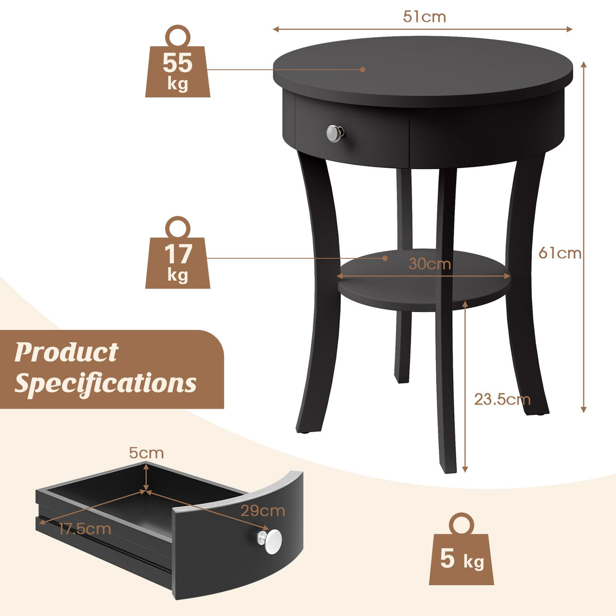 2-Tier Wood Round End Table with Open Drawer-Black view 5
