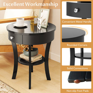 2-Tier Wood Round End Table with Open Drawer-Black view 6