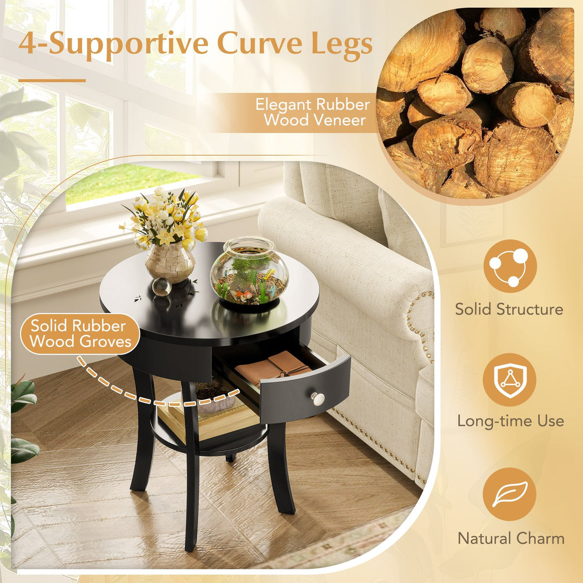 2-Tier Wood Round End Table with Open Drawer-Black view 7