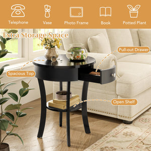 2-Tier Wood Round End Table with Open Drawer-Black view 8