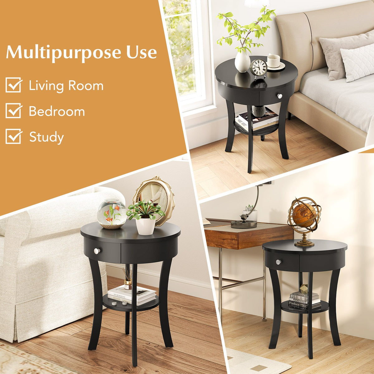2-Tier Wood Round End Table with Open Drawer-Black view 9