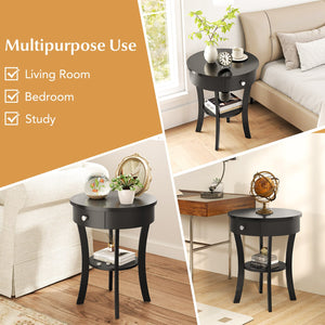2-Tier Wood Round End Table with Open Drawer-Black view 9