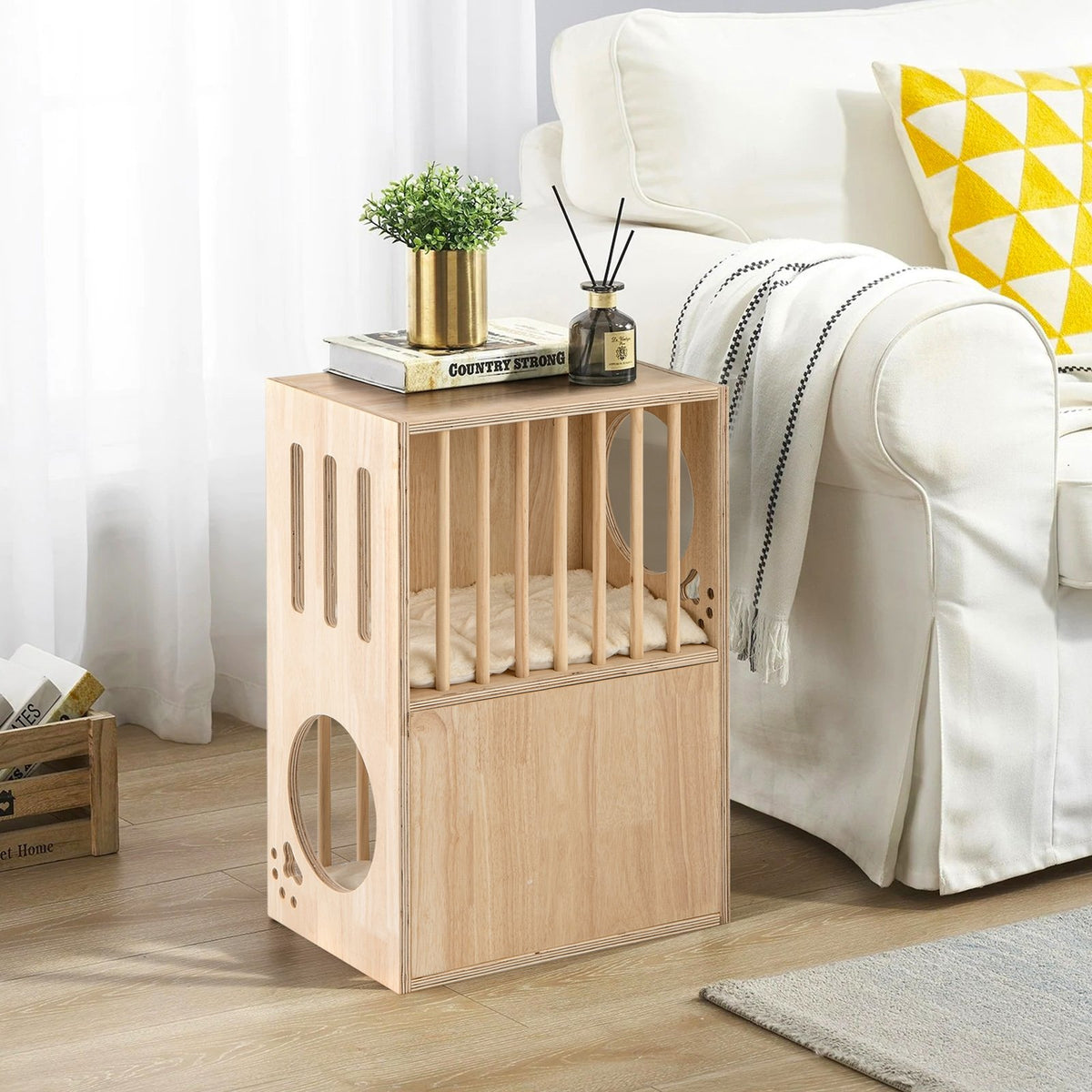 2-tier Wooden Cat Condo Indoor Symmetrical Cat House with Removable Cushions view 3