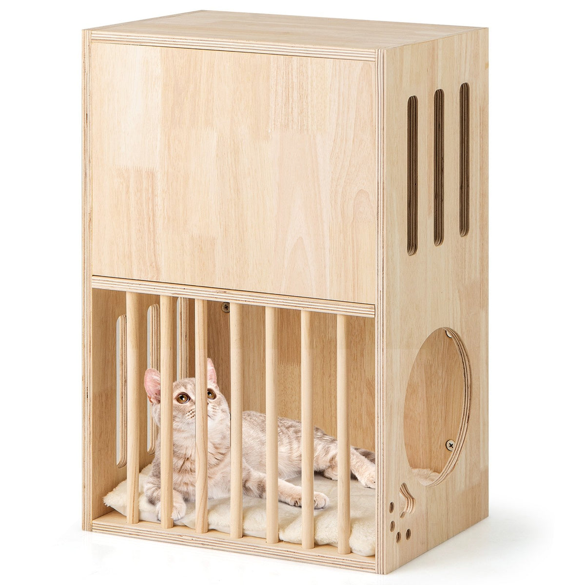 2-tier Wooden Cat Condo Indoor Symmetrical Cat House with Removable Cushions view 4