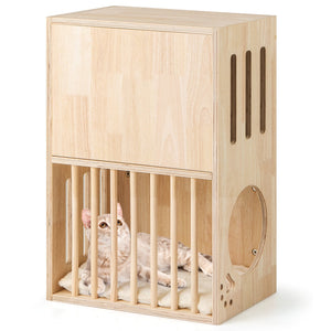 2-tier Wooden Cat Condo Indoor Symmetrical Cat House with Removable Cushions view 4