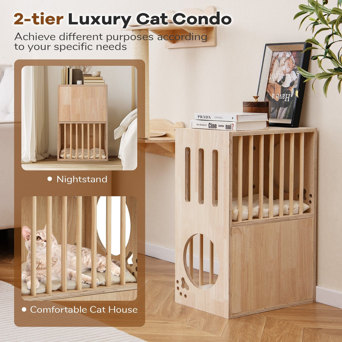 2-tier Wooden Cat Condo Indoor Symmetrical Cat House with Removable Cushions view 7