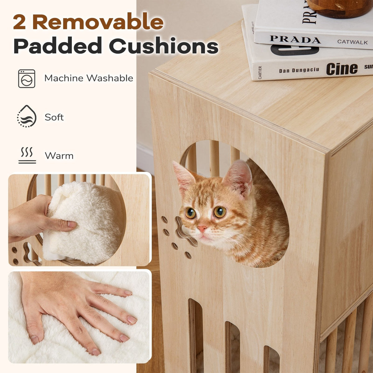 2-tier Wooden Cat Condo Indoor Symmetrical Cat House with Removable Cushions view 9