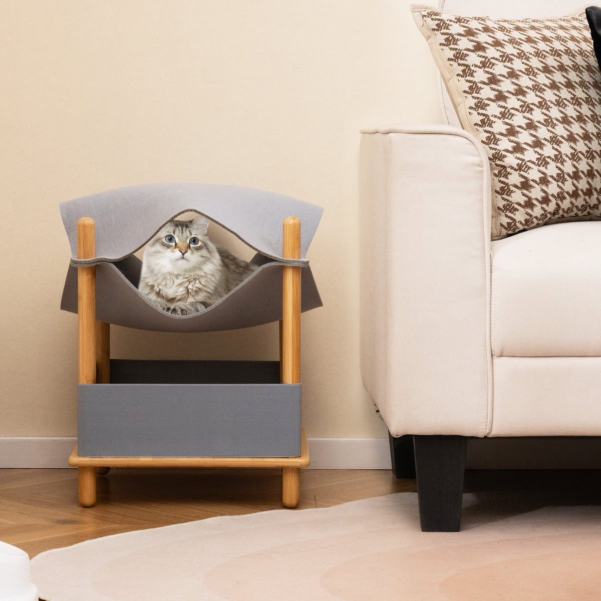 2-Tier Wooden Cat House with Semi-enclosed Condo and Removable Clothes-Gray view 2