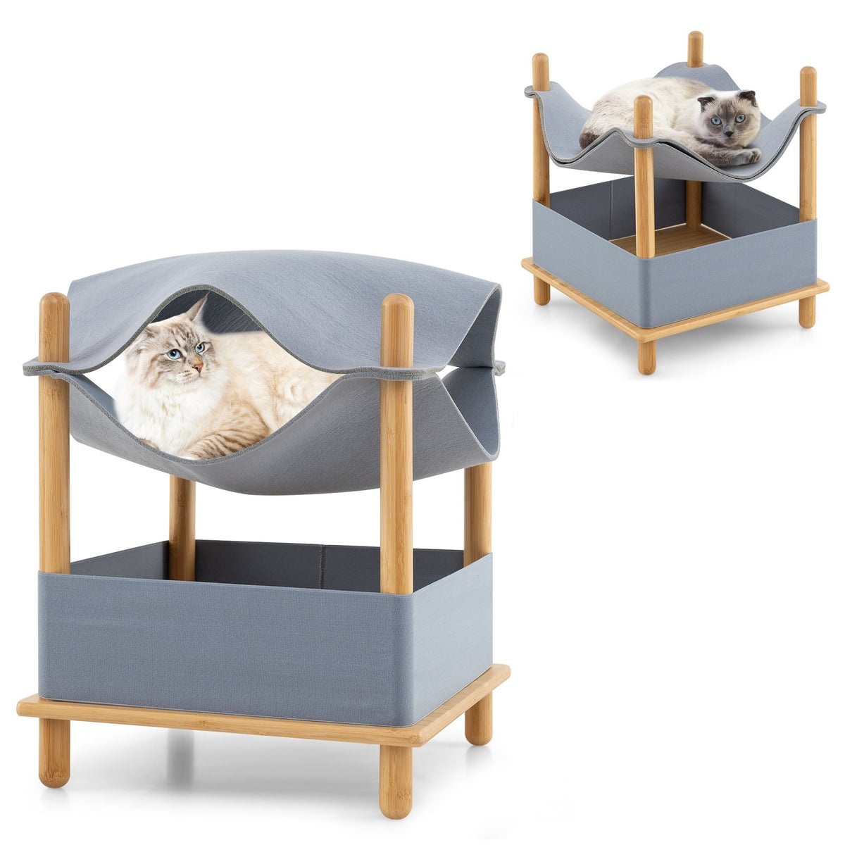 2-Tier Wooden Cat House with Semi-enclosed Condo and Removable Clothes-Gray view 4