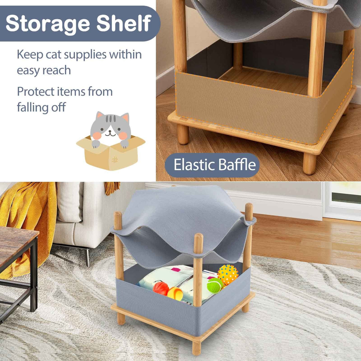 2-Tier Wooden Cat House with Semi-enclosed Condo and Removable Clothes-Gray view 8