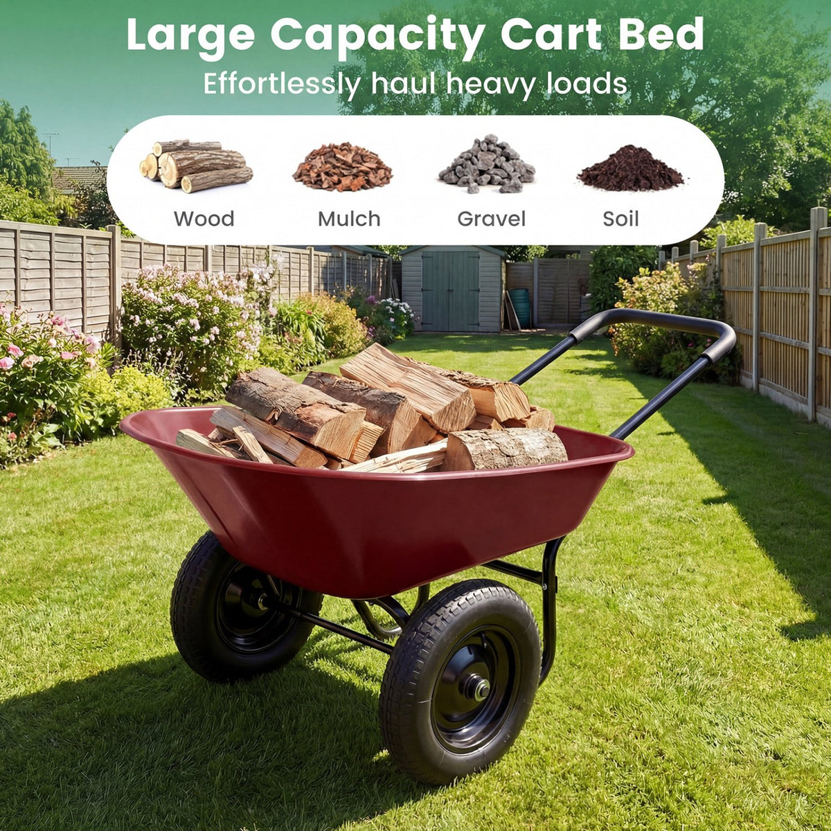 2 Tire Heavy-duty Dolly Utility Cart Wheelbarrow Garden Cart-Red view 7