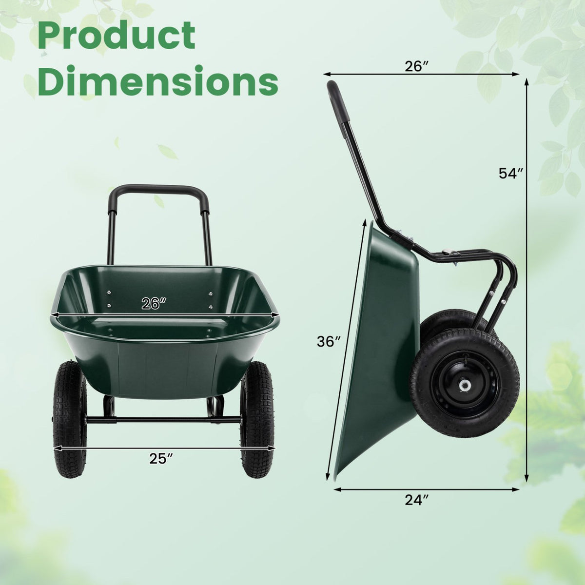 2 Tire Wheelbarrow Garden Cart Heavy-duty Dolly Utility Cart-Green view 5