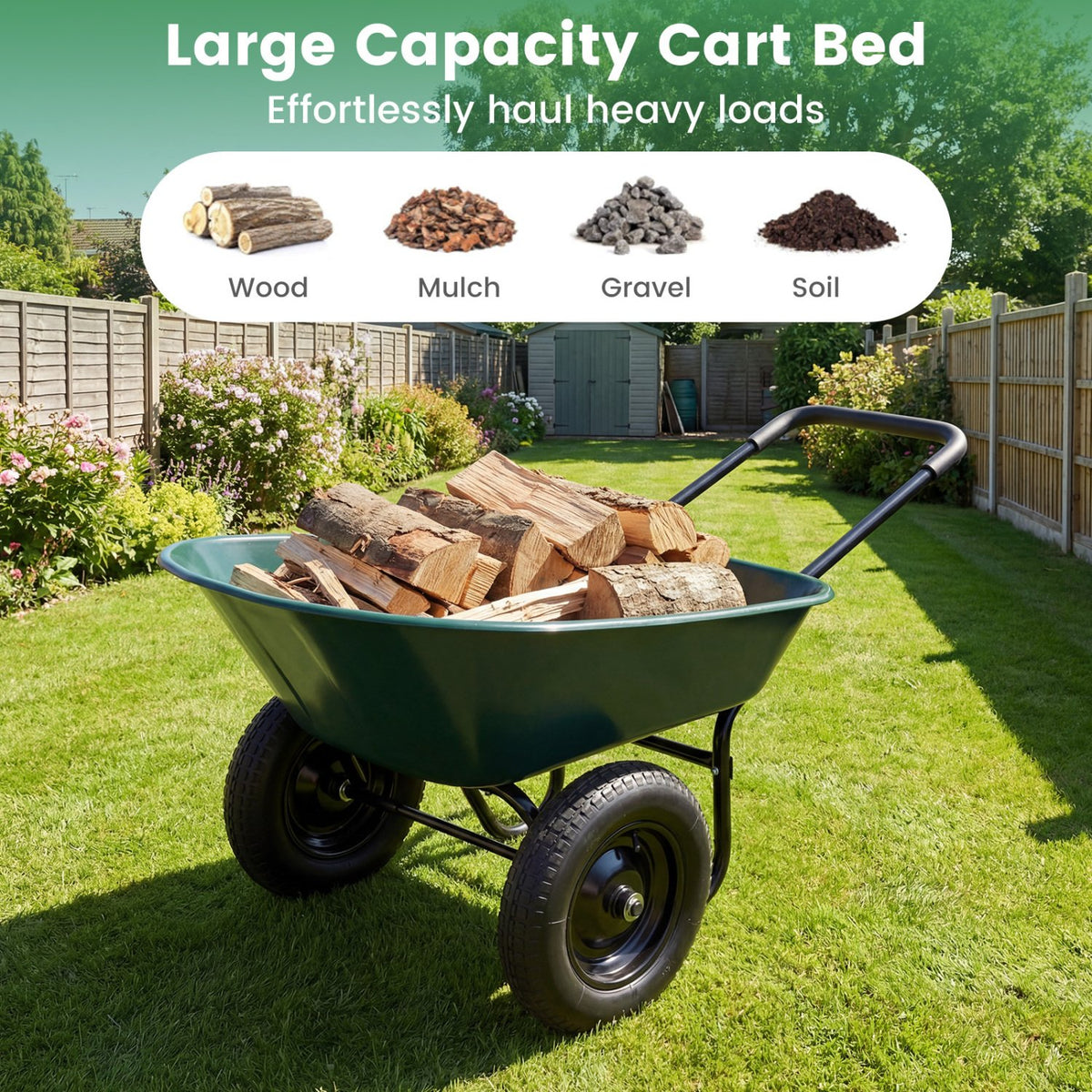 2 Tire Wheelbarrow Garden Cart Heavy-duty Dolly Utility Cart-Green view 6