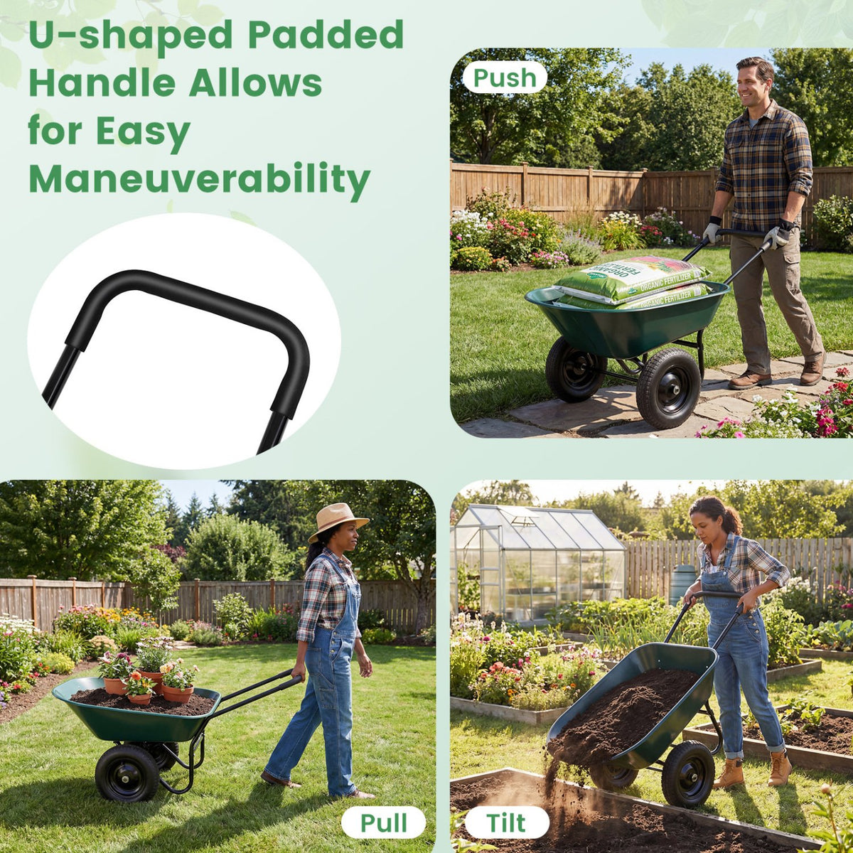 2 Tire Wheelbarrow Garden Cart Heavy-duty Dolly Utility Cart-Green view 7