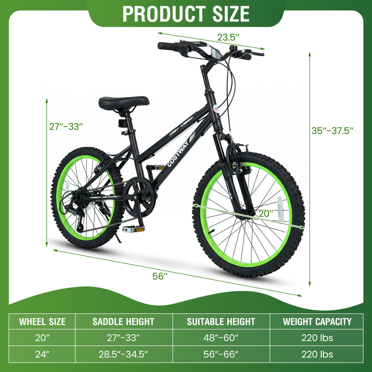 20 Inch Kids Mountain Bike with Adjustable Seat-Black view 5