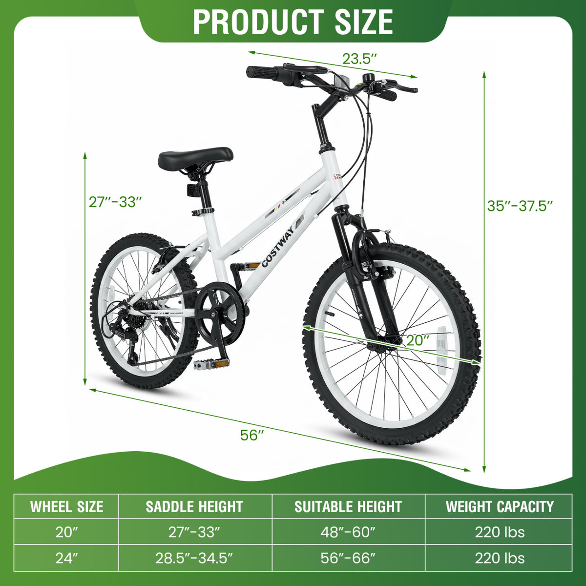 20 Inch Kids Mountain Bike with Adjustable Seat-White view 5