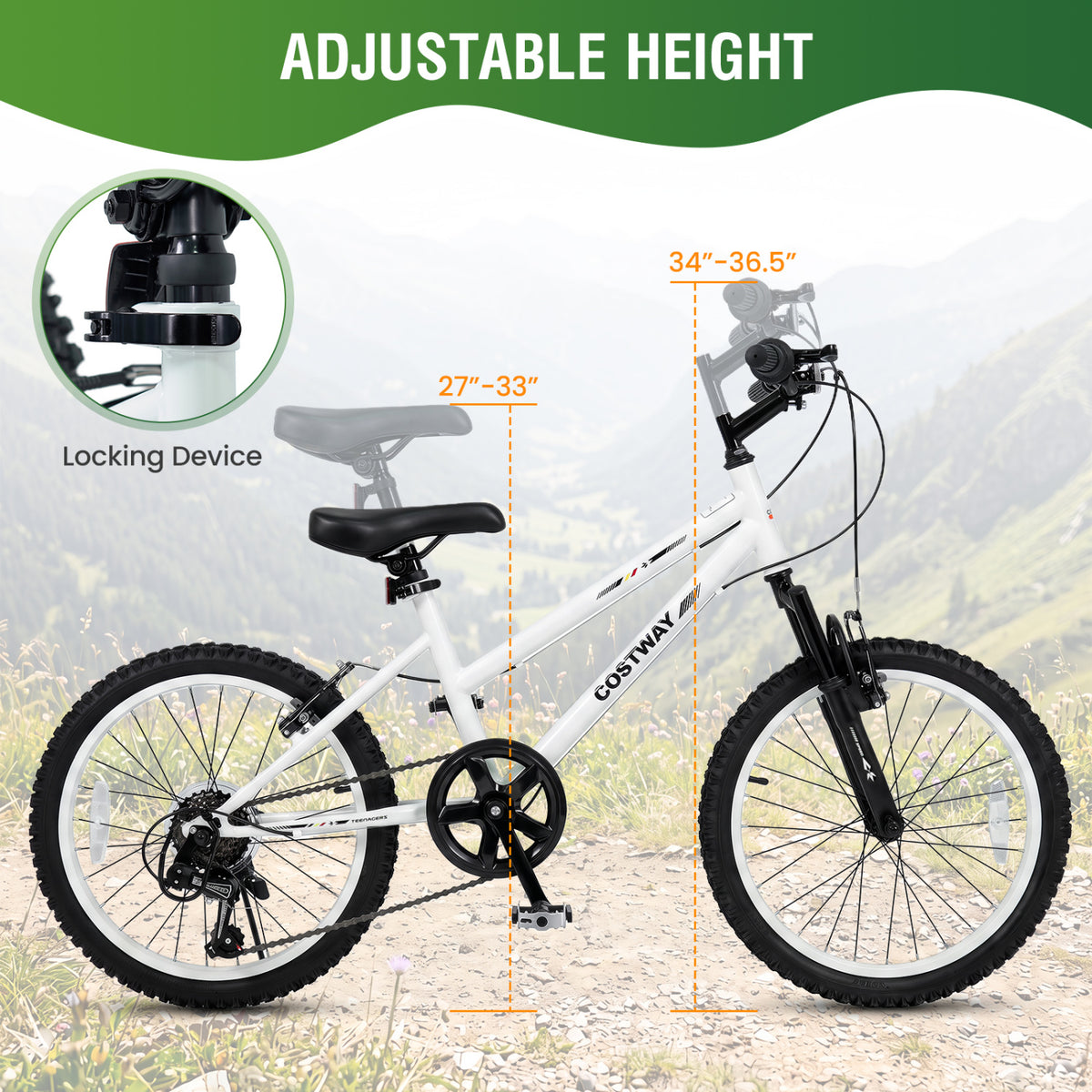 20 Inch Kids Mountain Bike with Adjustable Seat-White view 8