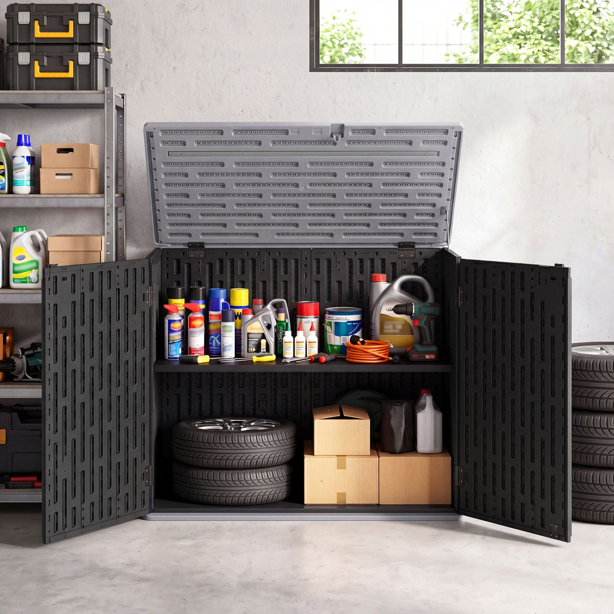 20 Cu.Ft Horizontal Resin Storage Shed with Adjustable Shelf-Black view 3