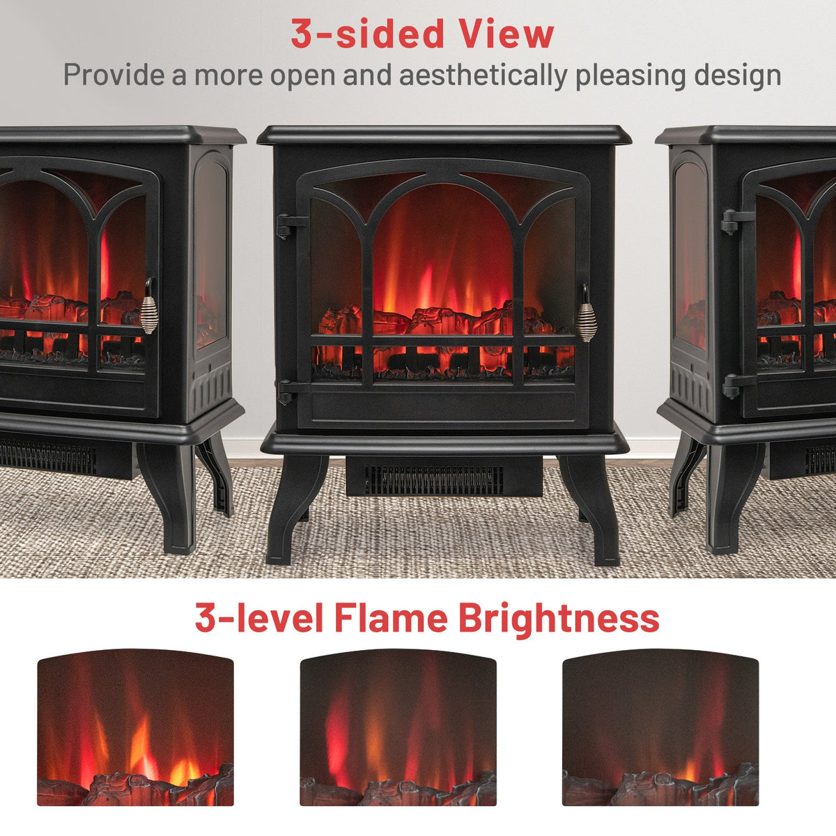 1400W Electric Stove Heater with 3-Level Flame Effect and 3-Sided View-Black view 5