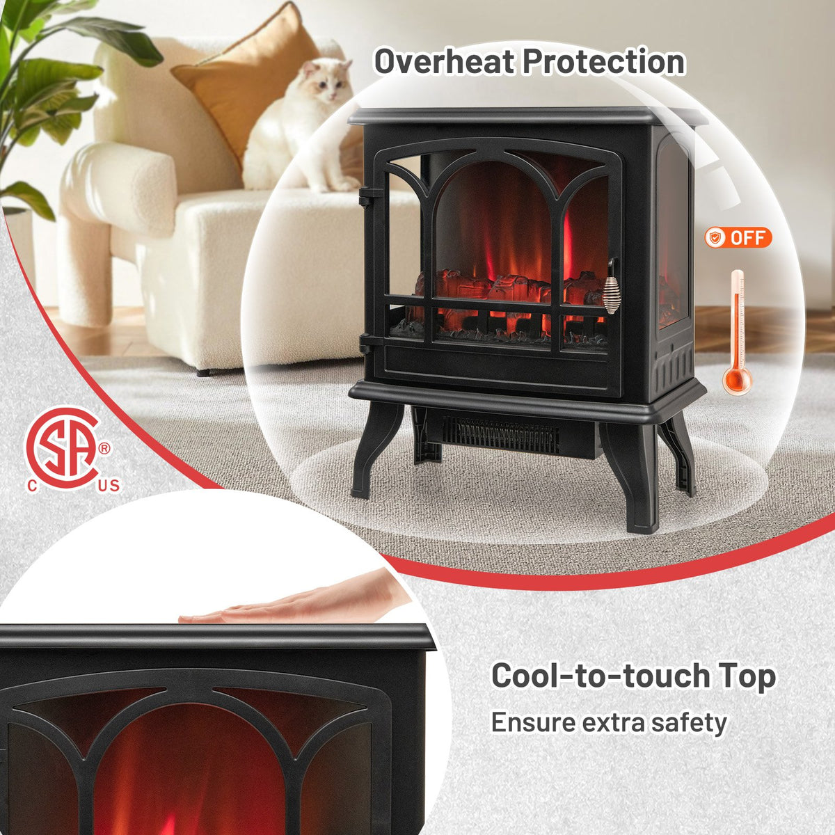 1400W Electric Stove Heater with 3-Level Flame Effect and 3-Sided View-Black view 8