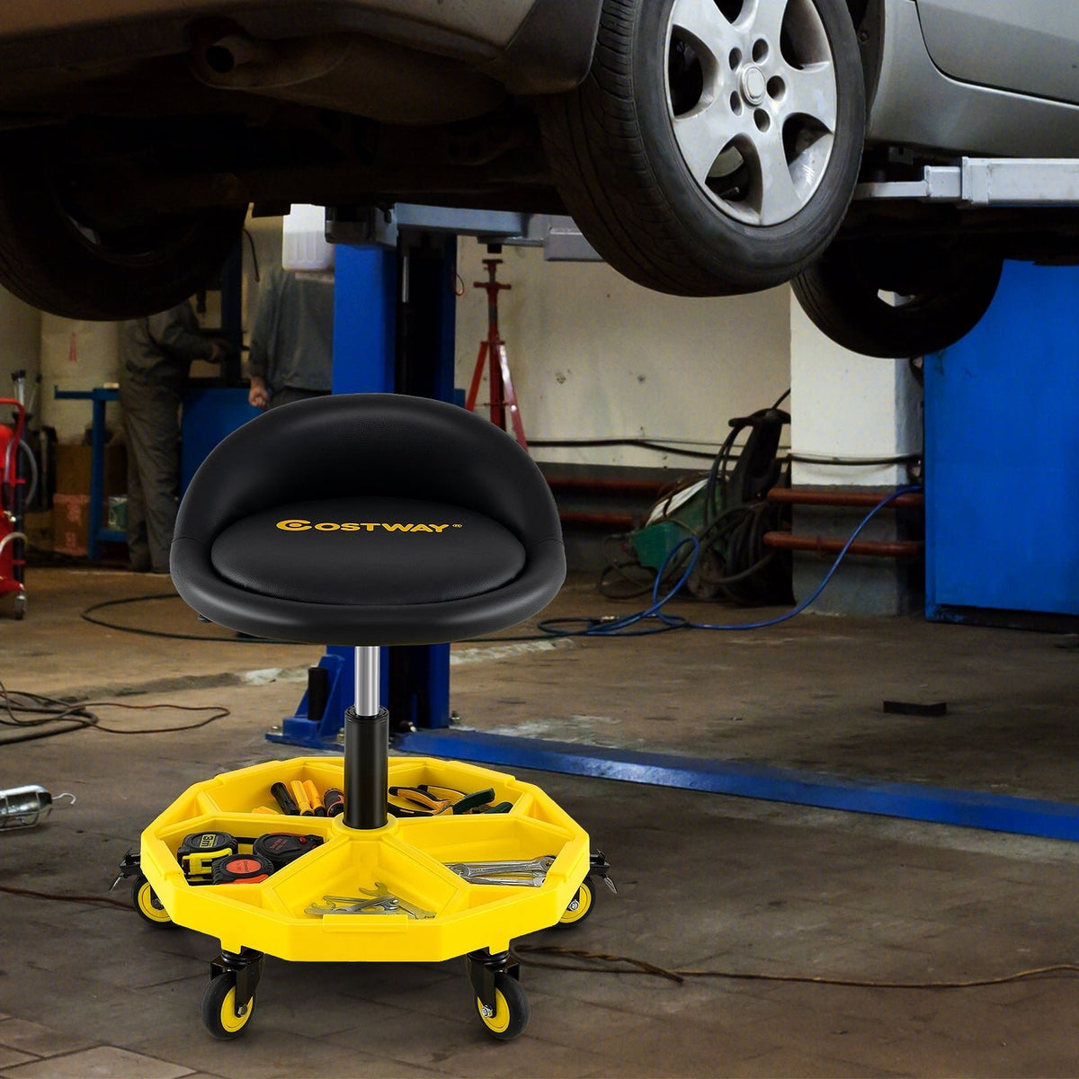20 Inch-25 Inch Height Adjustable Rolling Garage Stool with Tool Tray Storage-Yellow view 2