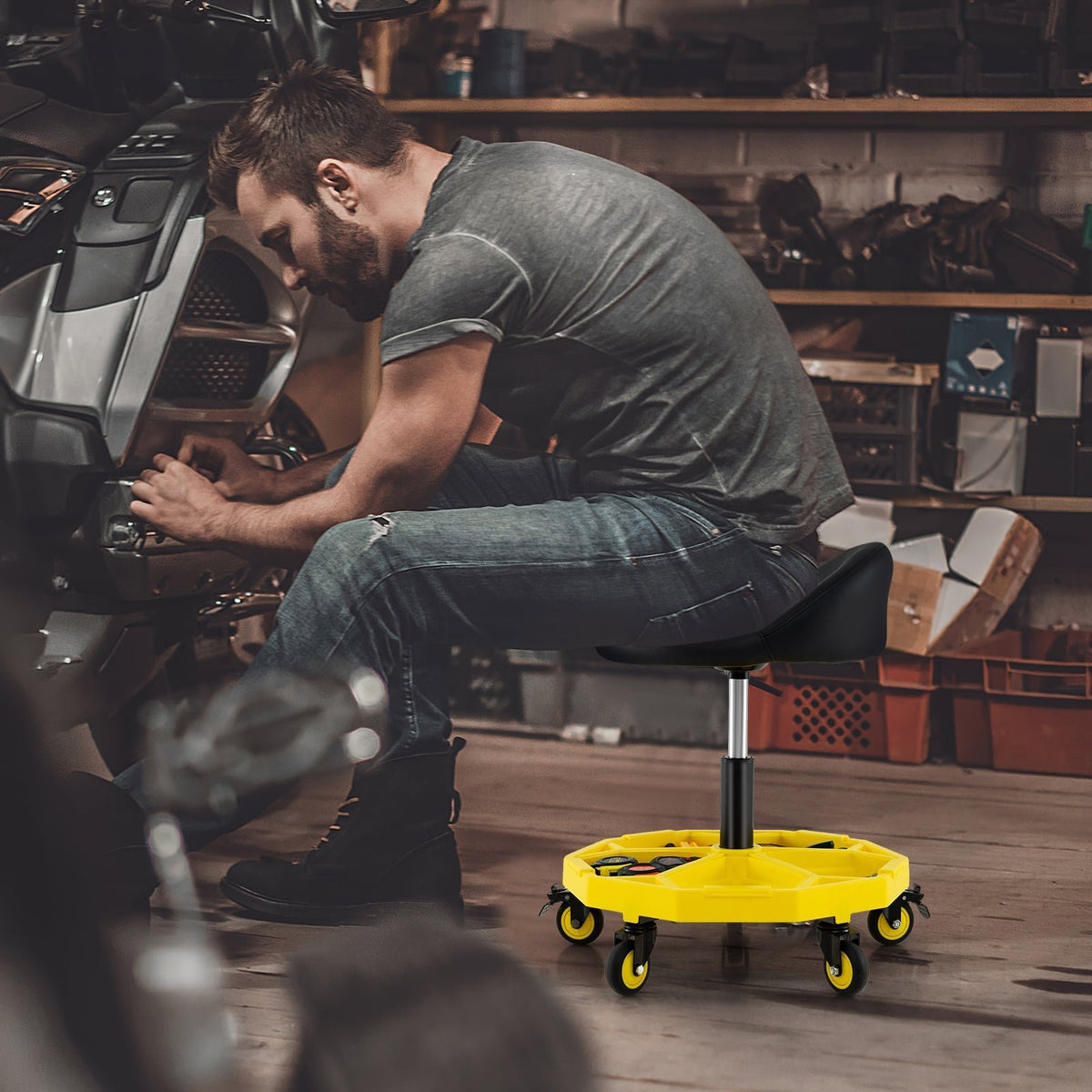 20 Inch-25 Inch Height Adjustable Rolling Garage Stool with Tool Tray Storage-Yellow view 3