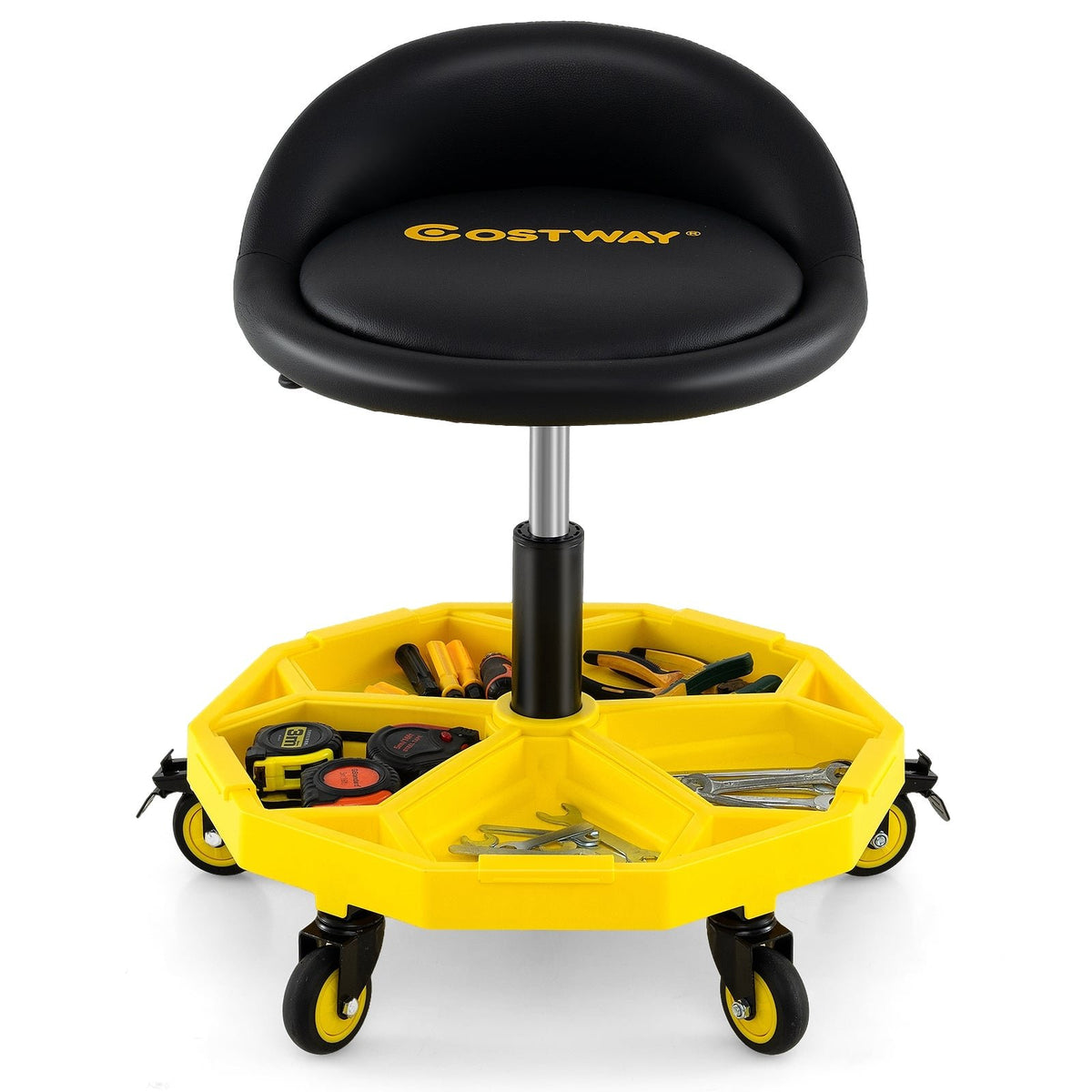 20 Inch-25 Inch Height Adjustable Rolling Garage Stool with Tool Tray Storage-Yellow view 4