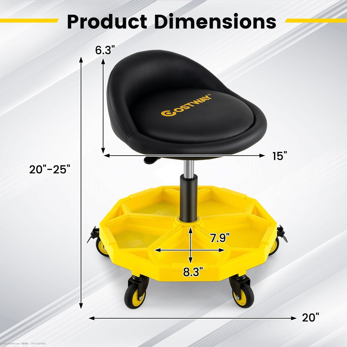 20 Inch-25 Inch Height Adjustable Rolling Garage Stool with Tool Tray Storage-Yellow view 5