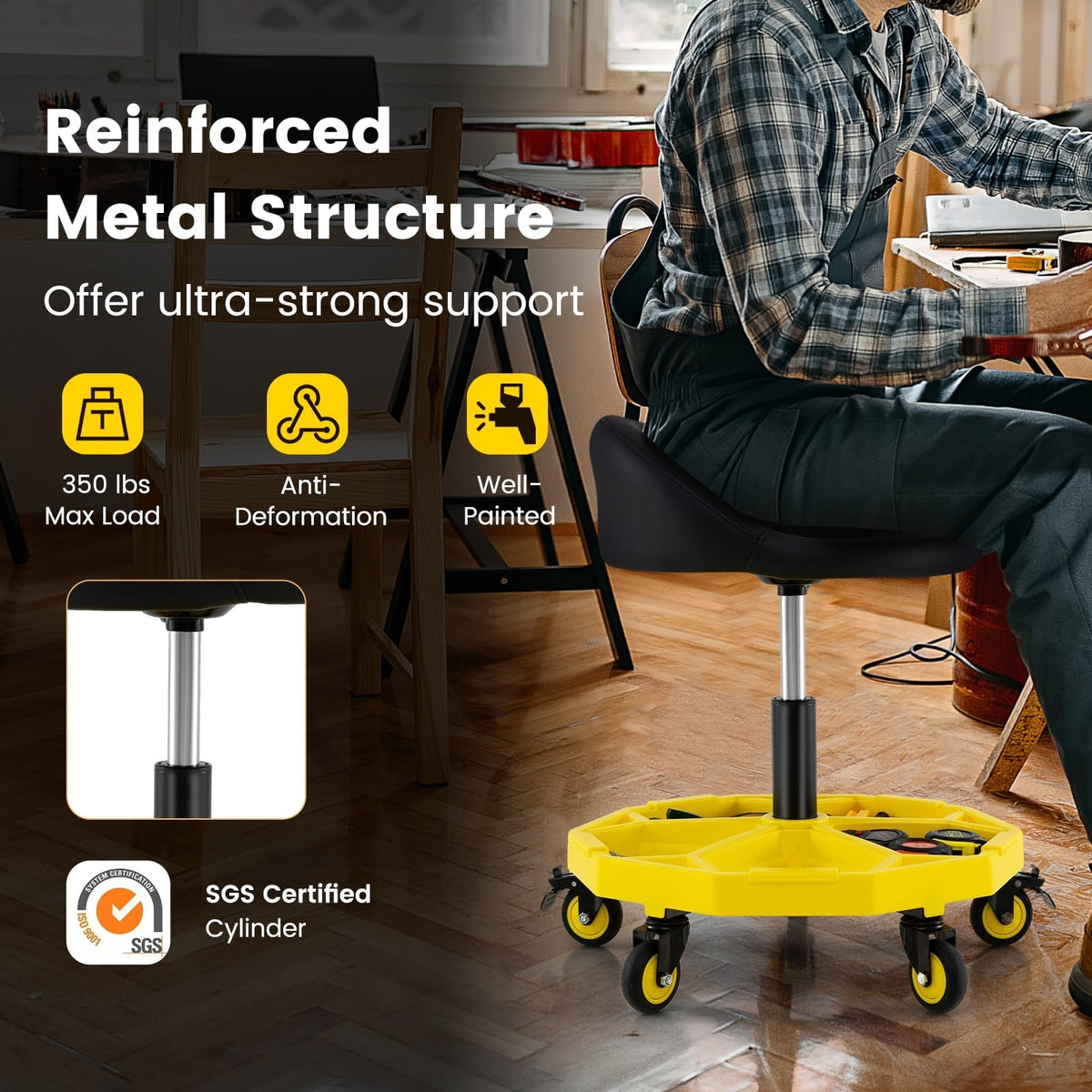 20 Inch-25 Inch Height Adjustable Rolling Garage Stool with Tool Tray Storage-Yellow view 7