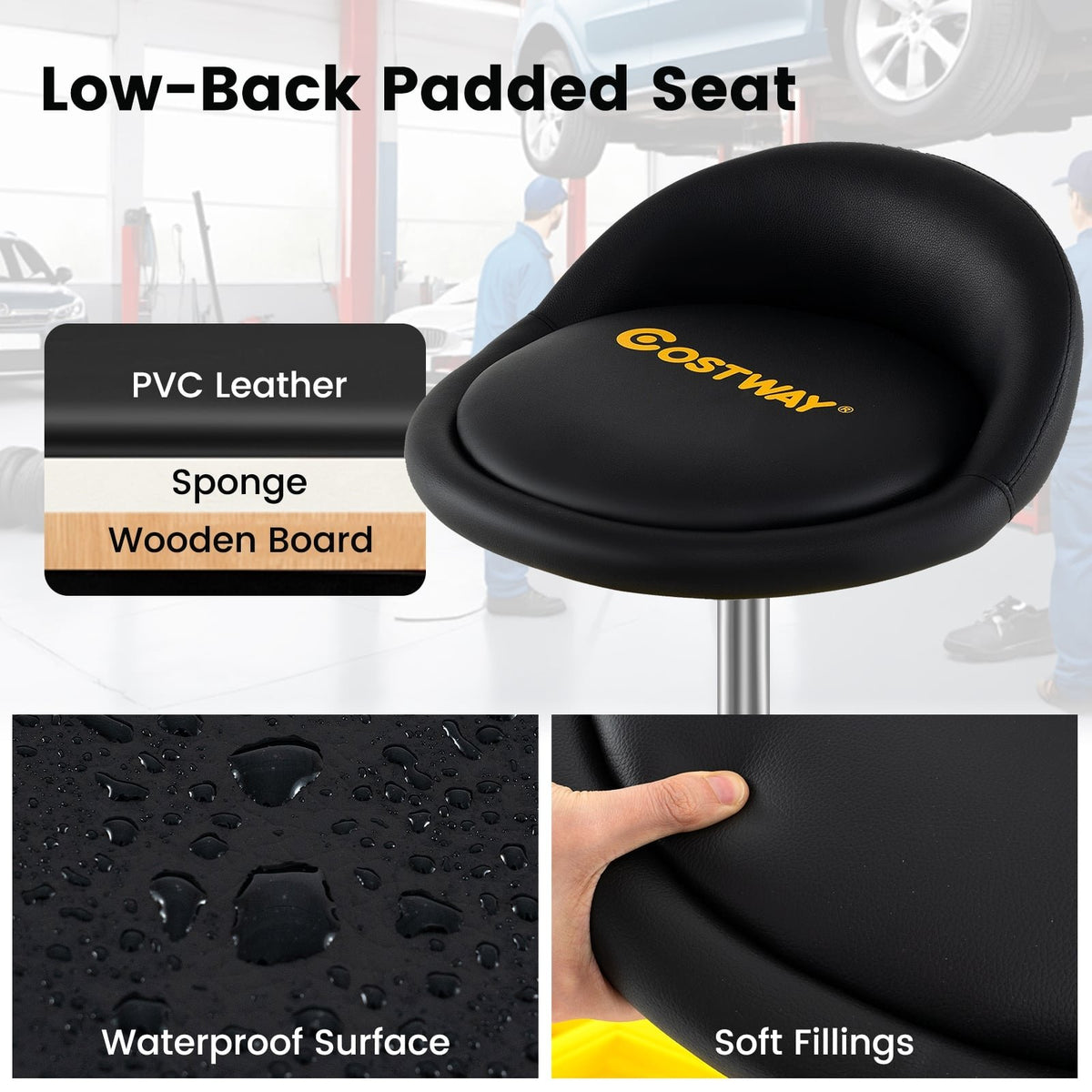 20 Inch-25 Inch Height Adjustable Rolling Garage Stool with Tool Tray Storage-Yellow view 9